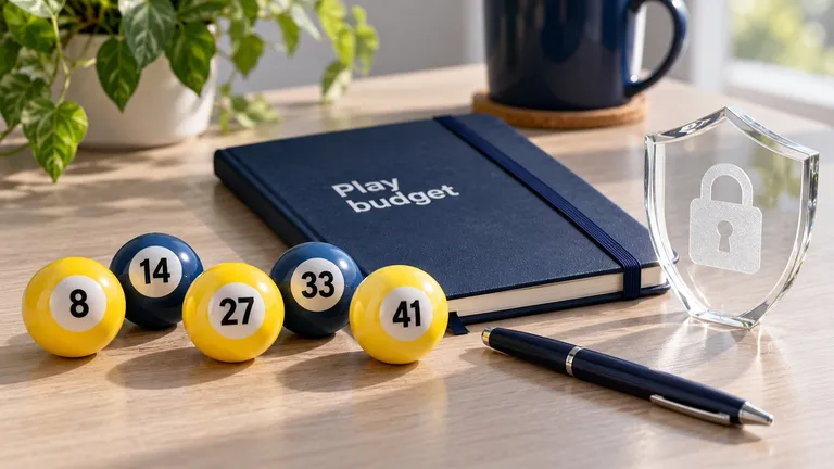 Allwyn participant protection editorial illustration with lottery balls, a play budget notebook and a shield
