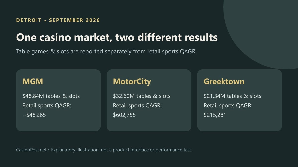 Detroit September 2026 casino results: table-game and slot revenue compared with the separate retail sports QAGR at MGM, MotorCity and Greektown.