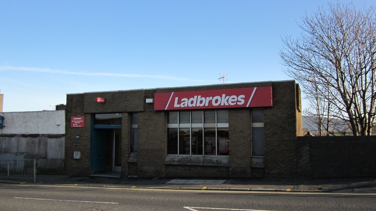 Ladbrokes betting shop exterior in Ayr, Scotland.