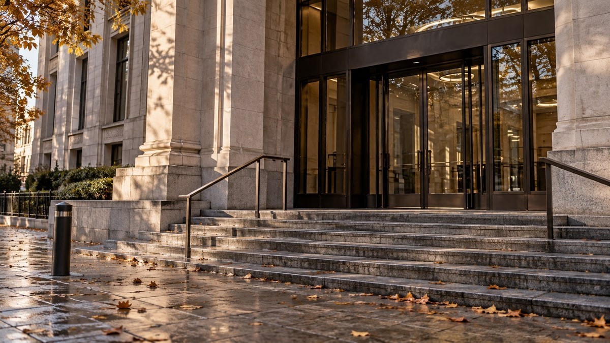 Quiet stone courthouse entrance in autumn light.