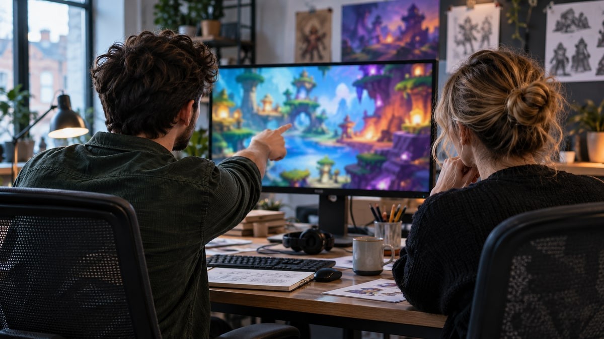 Two game designers reviewing artwork at a studio workstation.