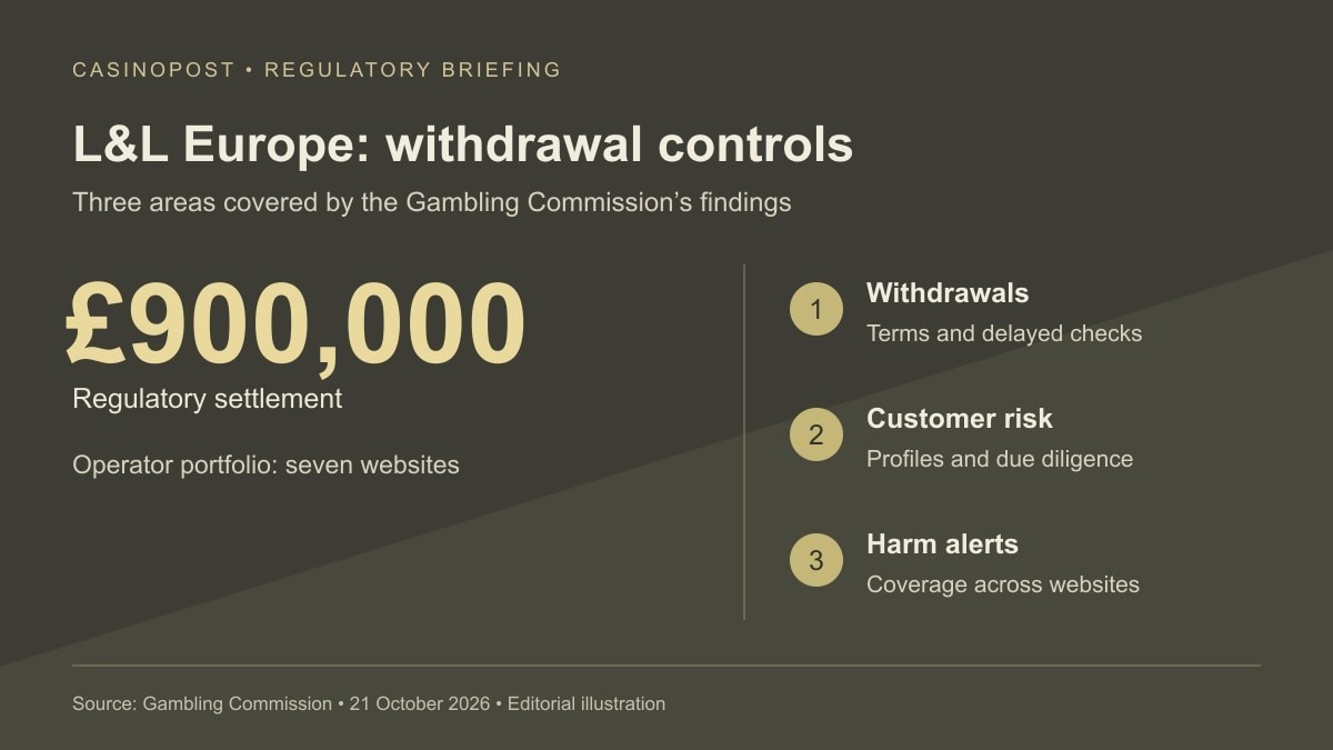 L&L Europe regulatory settlement: £900,000, seven websites, and findings on withdrawals, risk checks and harm alerts.