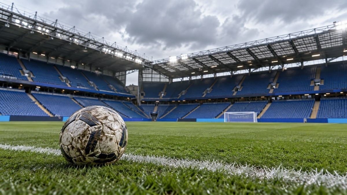 Football beside the touchline in an empty stadium.