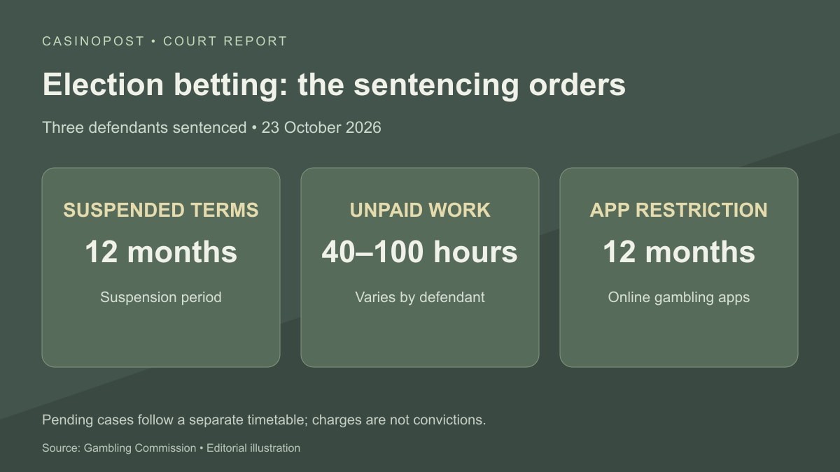 Three separate elements of the October 23 court outcome: suspended custody, unpaid work, and twelve-month online gambling application restrictions.