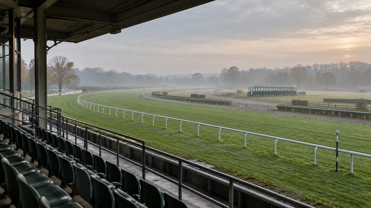 Empty horse-racing course seen from a covered grandstand in autumn morning mist