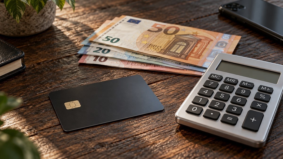 Payment card, euro notes and calculator on a wooden desk.