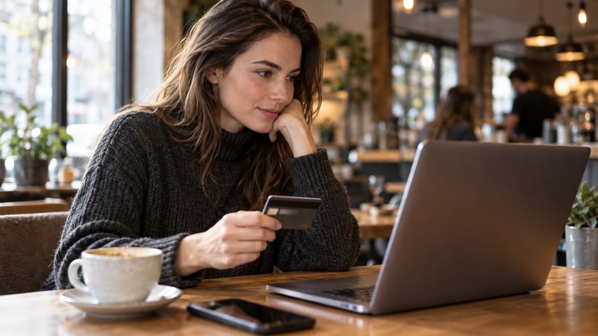 Woman checking a laptop while holding a bank card at a cafe.
