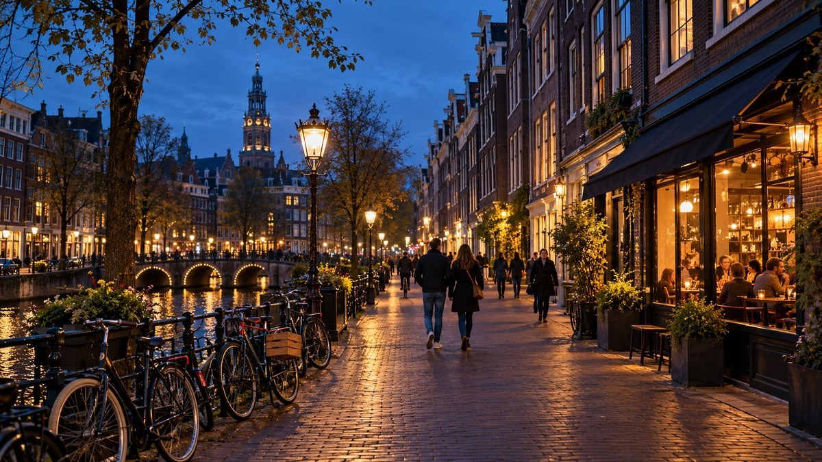 Conceptual Dutch canal street at blue hour with bicycles and pedestrians