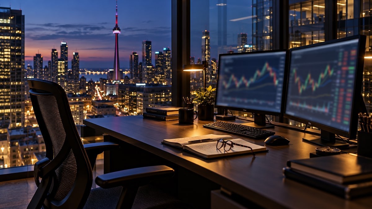 Financial workstation overlooking a city at dusk.
