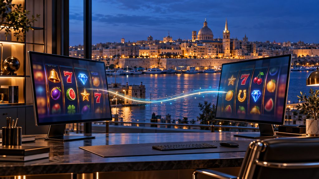 Two slot game display screens connected by a digital link overlooking Valletta, illustrating the Just Slots and Hub88 distribution deal