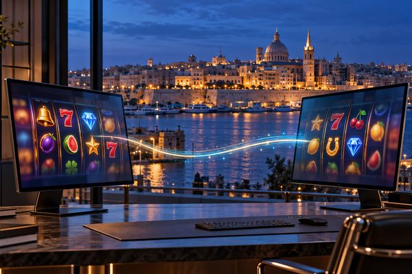 Two slot game display screens linked digitally above Valletta, illustrating the Just Slots and Hub88 distribution deal