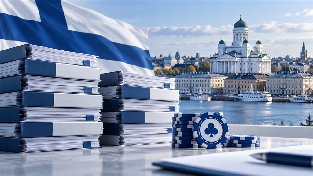 Helsinki skyline and permit folders illustrating Finland online gambling licence applications