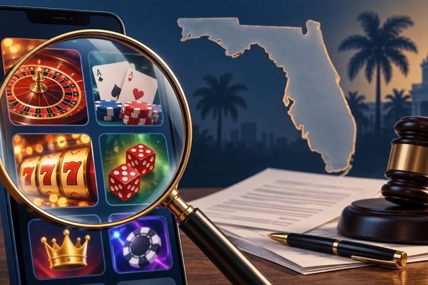 Florida sweepstakes casino advertising illustrated by game tiles and a legal gavel