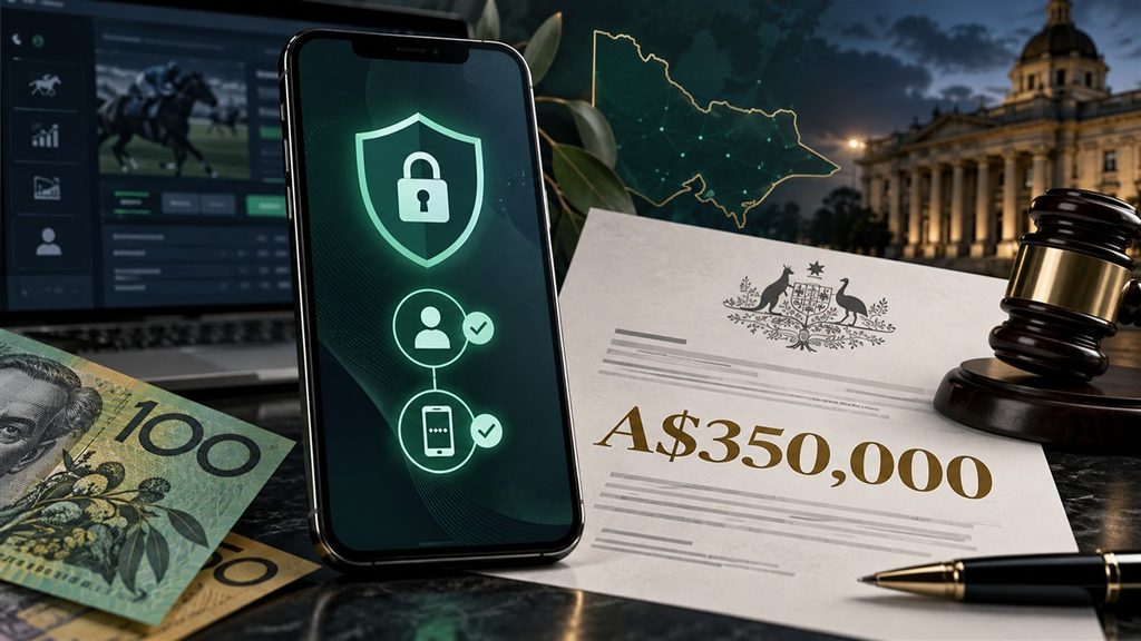 Tabcorp MFA fine illustrated by a two-step login shield, Australian currency and regulator document