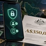 Tabcorp MFA fine illustrated by a two-step login shield, Australian currency and regulator document