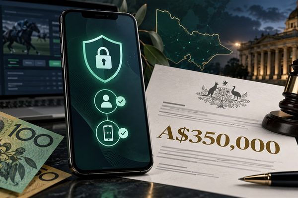 Tabcorp MFA fine illustrated by a two-step login shield, Australian currency and regulator document