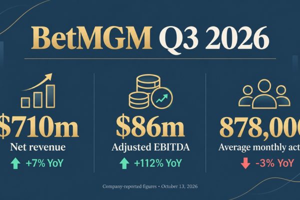 BetMGM Q3 results infographic: $710 million net revenue, $86 million adjusted EBITDA and 878,000 average monthly actives