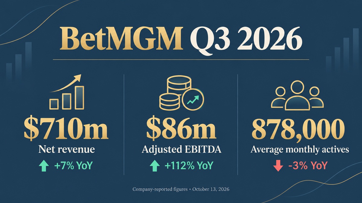 BetMGM Q3 results infographic: $710 million net revenue, $86 million adjusted EBITDA and 878,000 average monthly actives