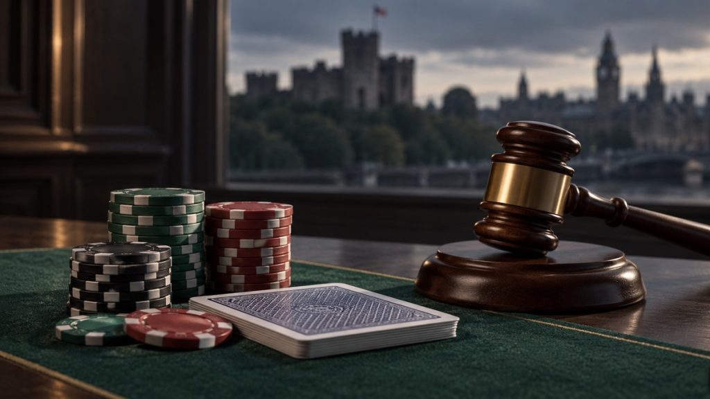 Editorial illustration of poker chips and cards beside a court gavel for the Cardiff illegal poker den case