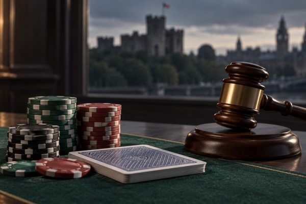 Editorial illustration of poker chips and cards beside a court gavel for the Cardiff illegal poker den case
