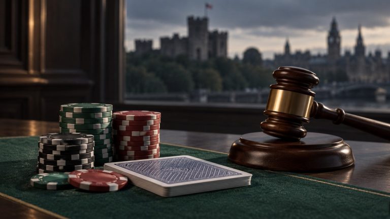 Editorial illustration of poker chips and cards beside a court gavel for the Cardiff illegal poker den case