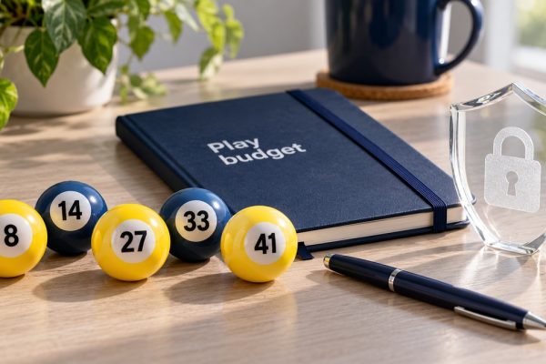 Allwyn participant protection editorial illustration with lottery balls, a play budget notebook and a shield