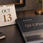 Calendar showing October 13 beside an illustrated BetMGM Q3 update report