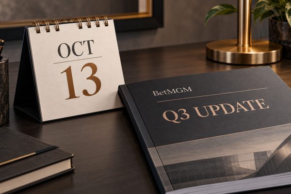 Calendar showing October 13 beside an illustrated BetMGM Q3 update report