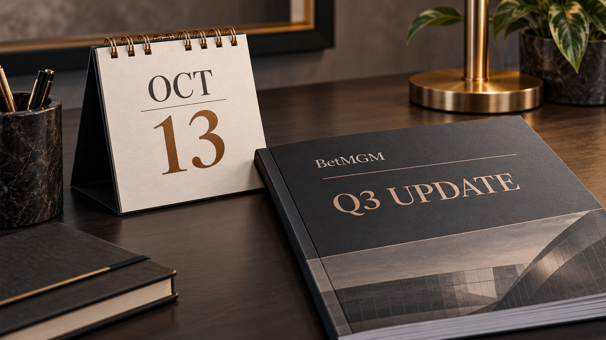 Calendar showing October 13 beside an illustrated BetMGM Q3 update report