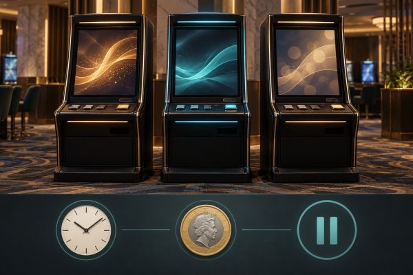 Editorial illustration of gaming machine rules with generic cabinets and clock, spending and pause symbols