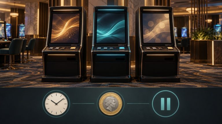 Editorial illustration of gaming machine rules with generic cabinets and clock, spending and pause symbols