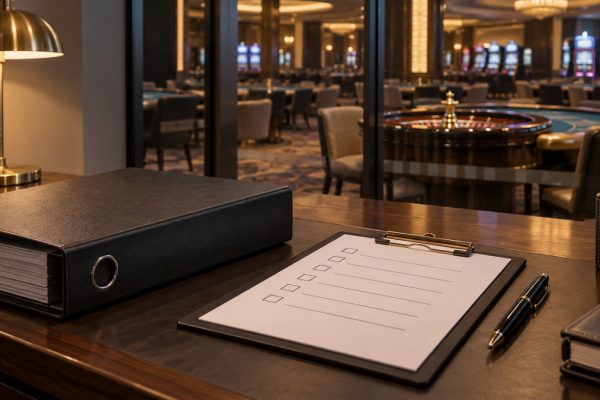 Editorial illustration of casino compliance records with a checklist and a generic gaming floor