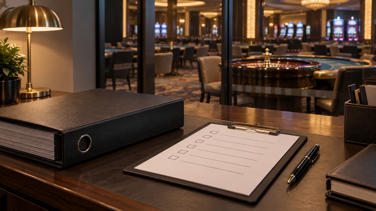 Editorial illustration of casino compliance records with a checklist and a generic gaming floor