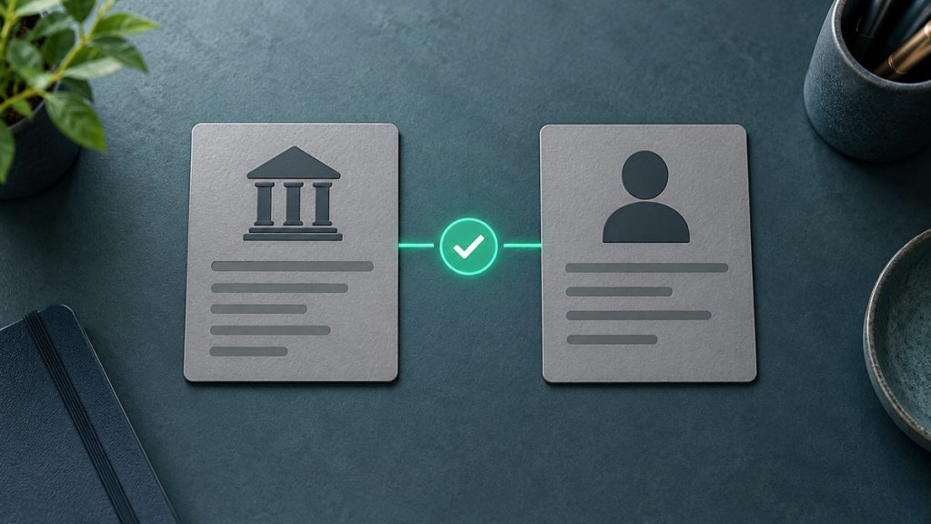 Editorial illustration of bank account checks linking a bank record to a player identity with a verification check.