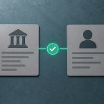 Editorial illustration of bank account checks linking a bank record to a player identity with a verification check.