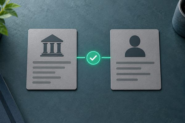 Editorial illustration of bank account checks linking a bank record to a player identity with a verification check.