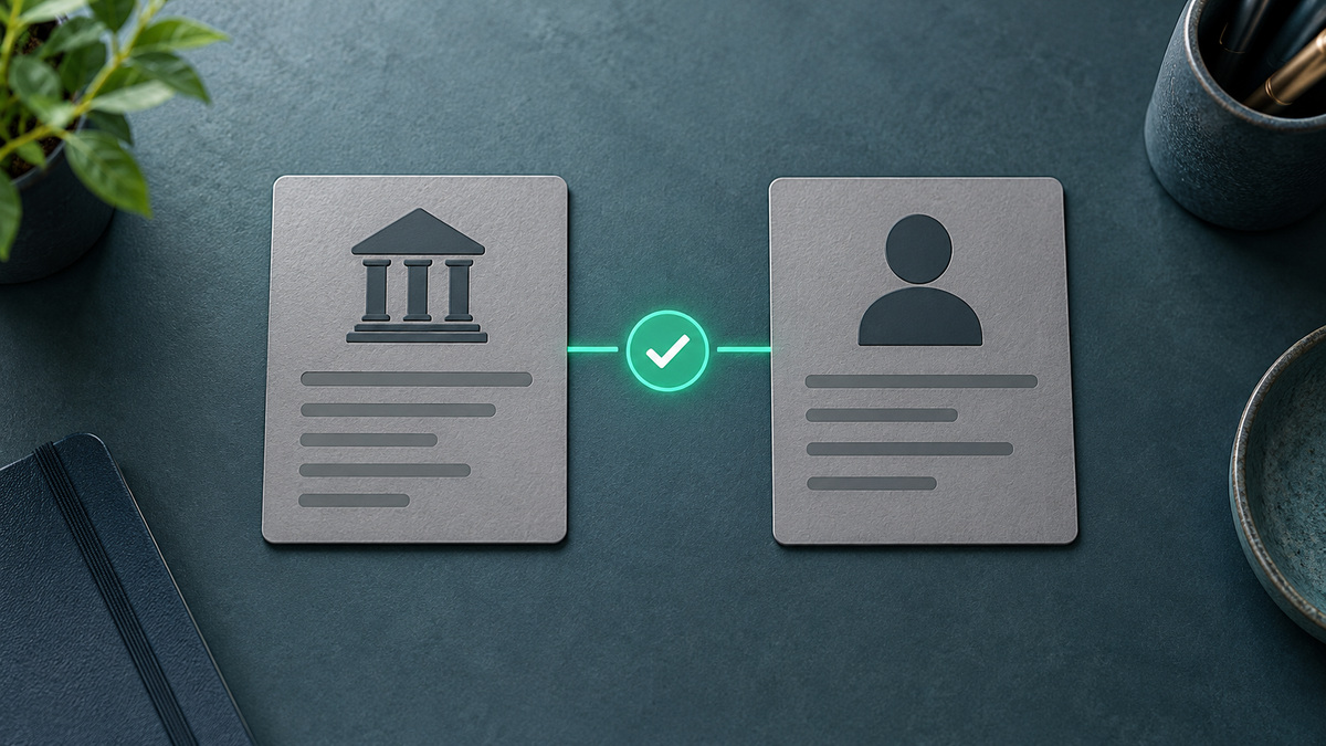 Editorial illustration of bank account checks linking a bank record to a player identity with a verification check.