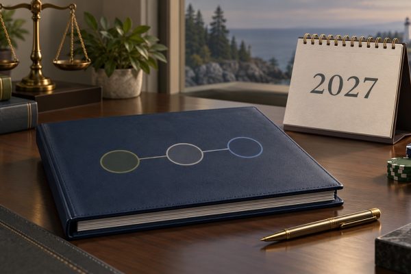 Editorial illustration of Maine iGaming launch preparations and an early-2027 calendar