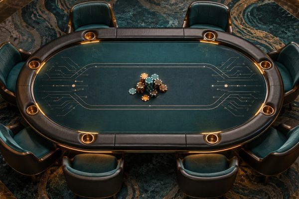 Editorial illustration of a poker table with chips and subtle electronic circuit patterns