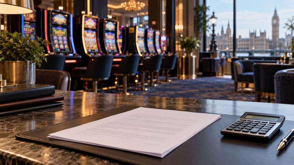 Licence paperwork and calculator in a casino, illustrating changes to UK remote gambling fees