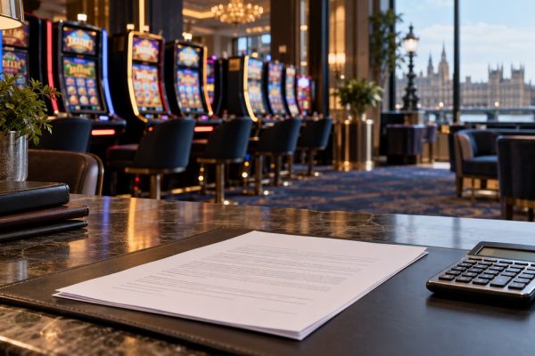 Licence paperwork and calculator in a casino, illustrating changes to UK remote gambling fees